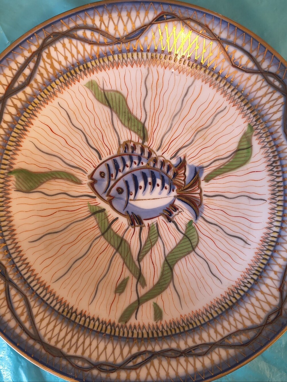 Vintage Japanese Kutani Ware Pedestal Dish Fish Gold Blue 9.25"